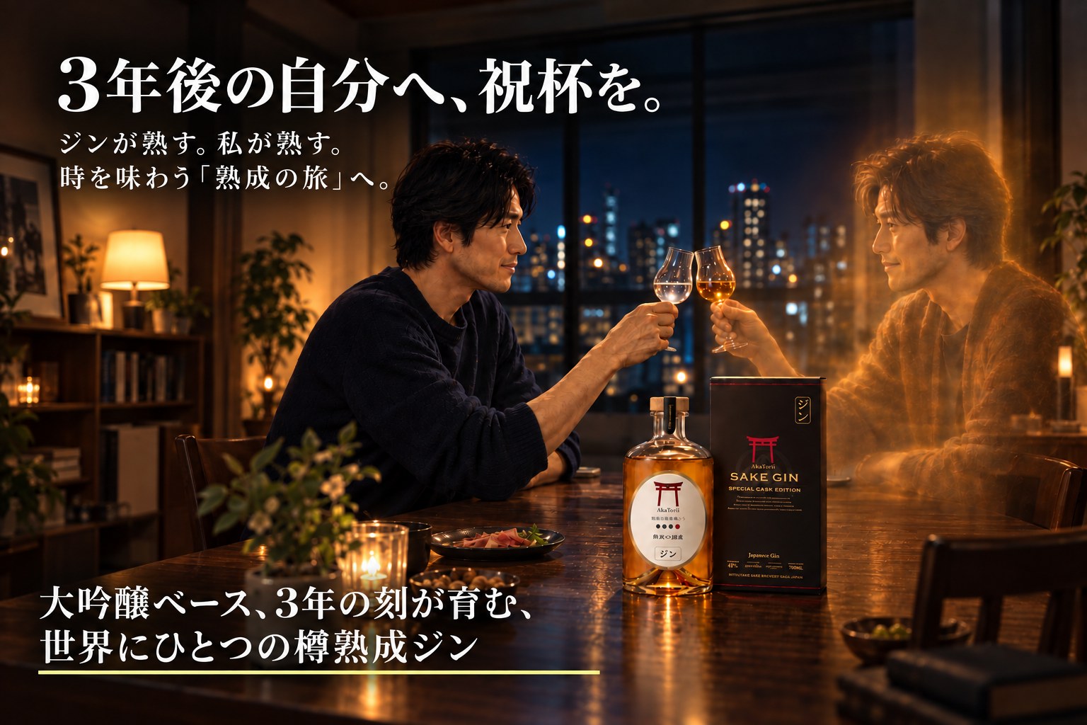 夜の部屋で、いまの自分と3年後の自分がグラスを合わせる。卓上に3年熟成のボトルと黒の化粧箱