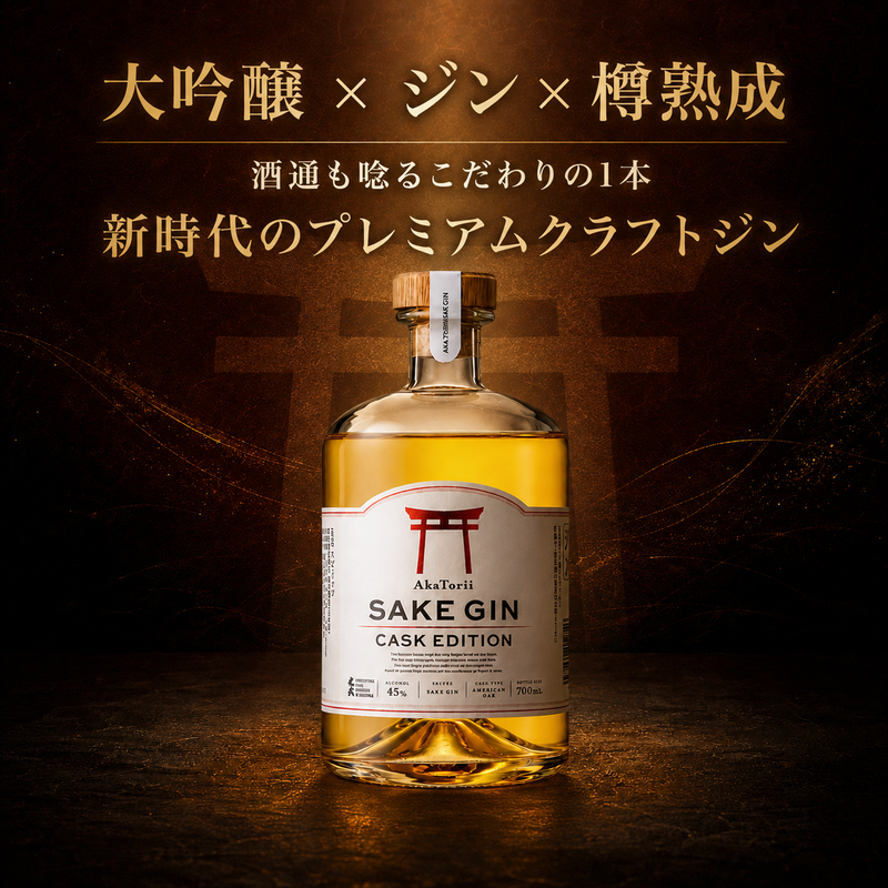 ボトルが琥珀色を映すクラフトジン 赤鳥居 SAKE GIN CASK EDITION