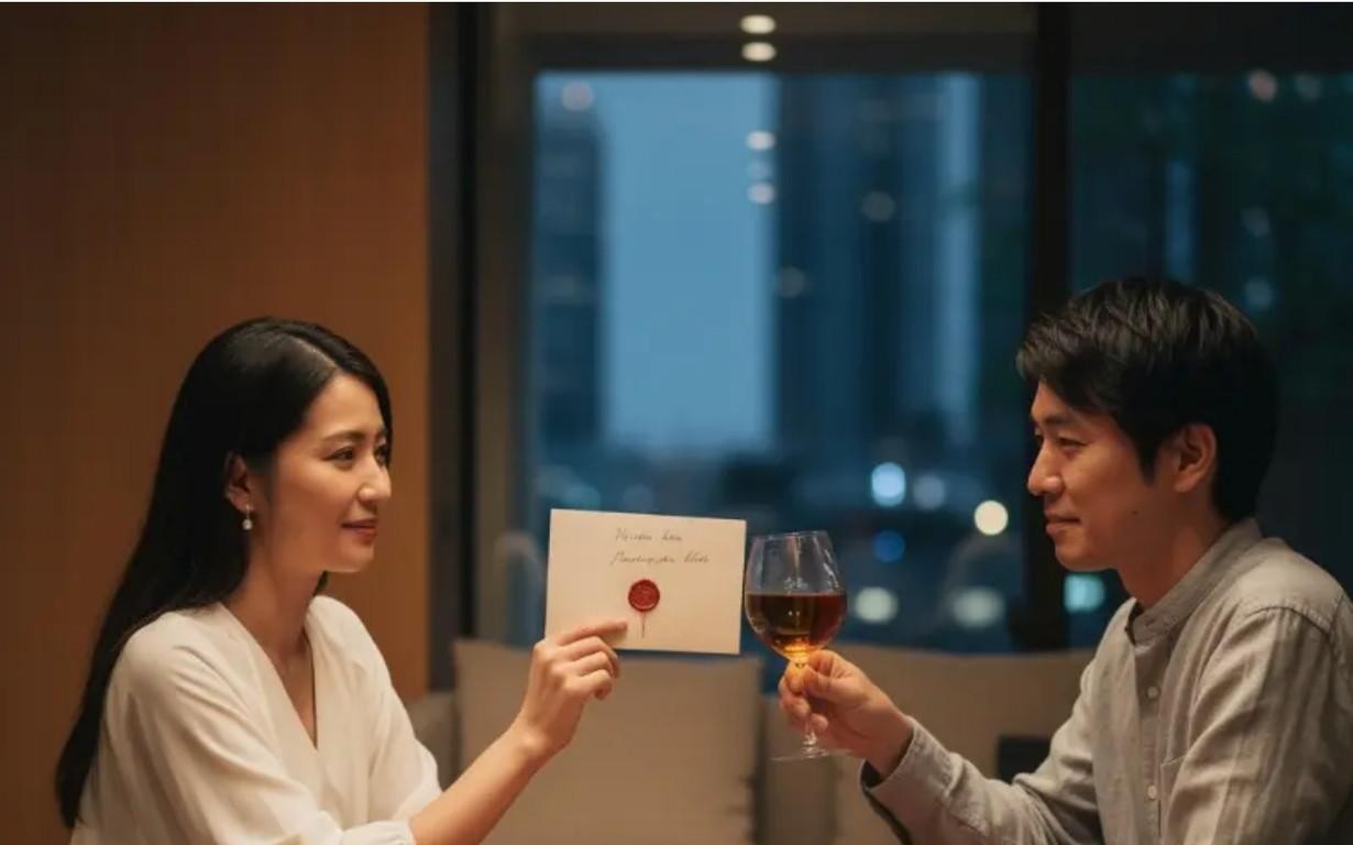 封蝋のついた手紙を手に、グラスを傾ける夫婦