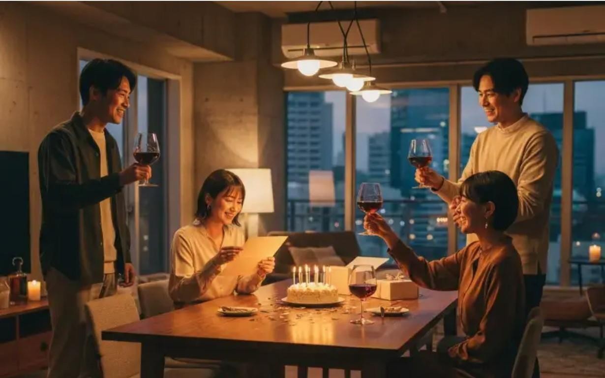 誕生日ケーキを囲み、手紙を読みながら乾杯する家族