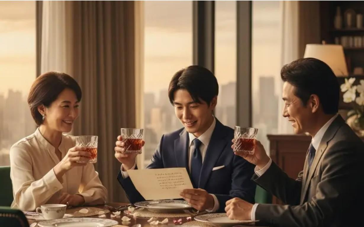 スーツ姿の若者と両親が、手紙を手に乾杯する