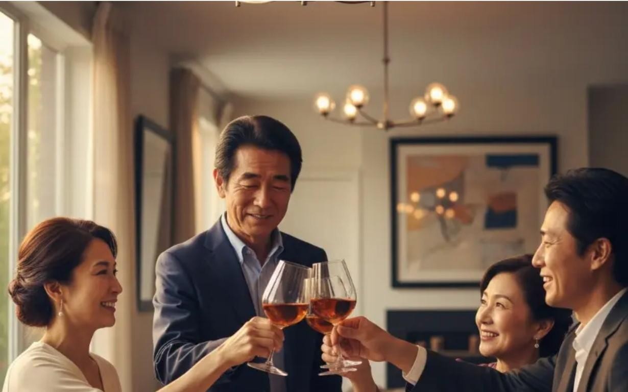 還暦を迎えた父を囲んで乾杯する家族