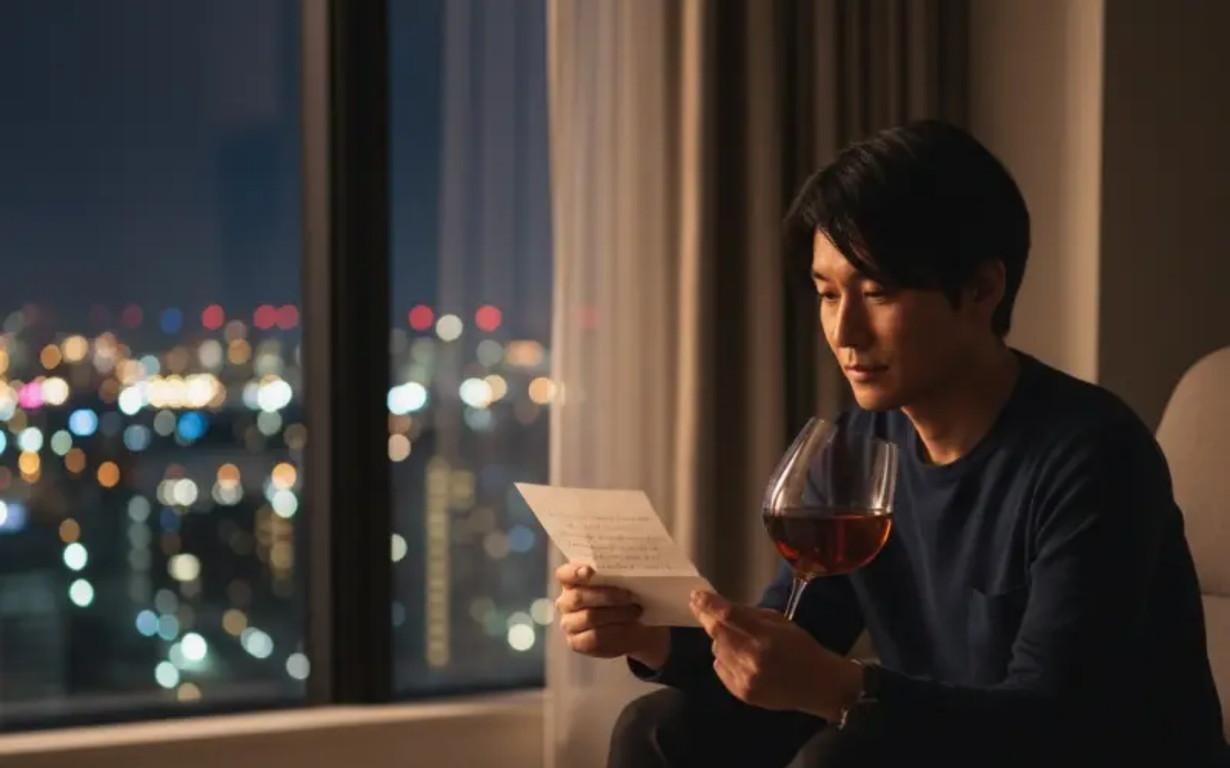 夜景の見える部屋で、グラスを手に手紙を読む男性