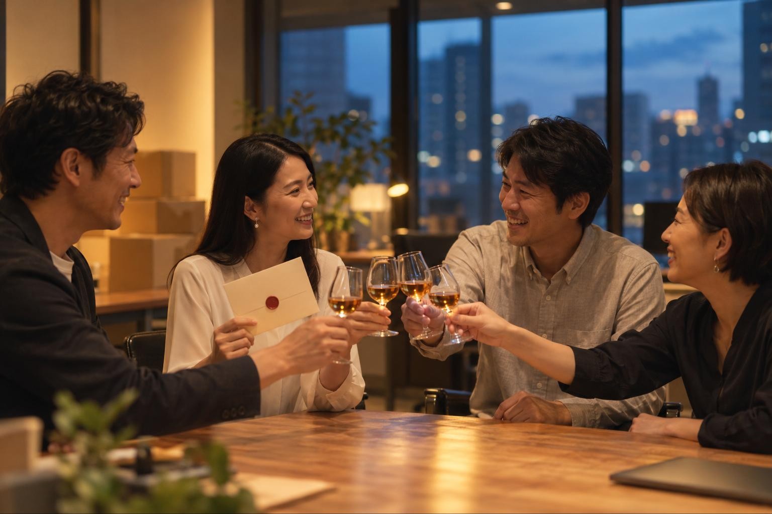 開業したばかりのオフィスで、封蝋の手紙を手に乾杯する仲間たち