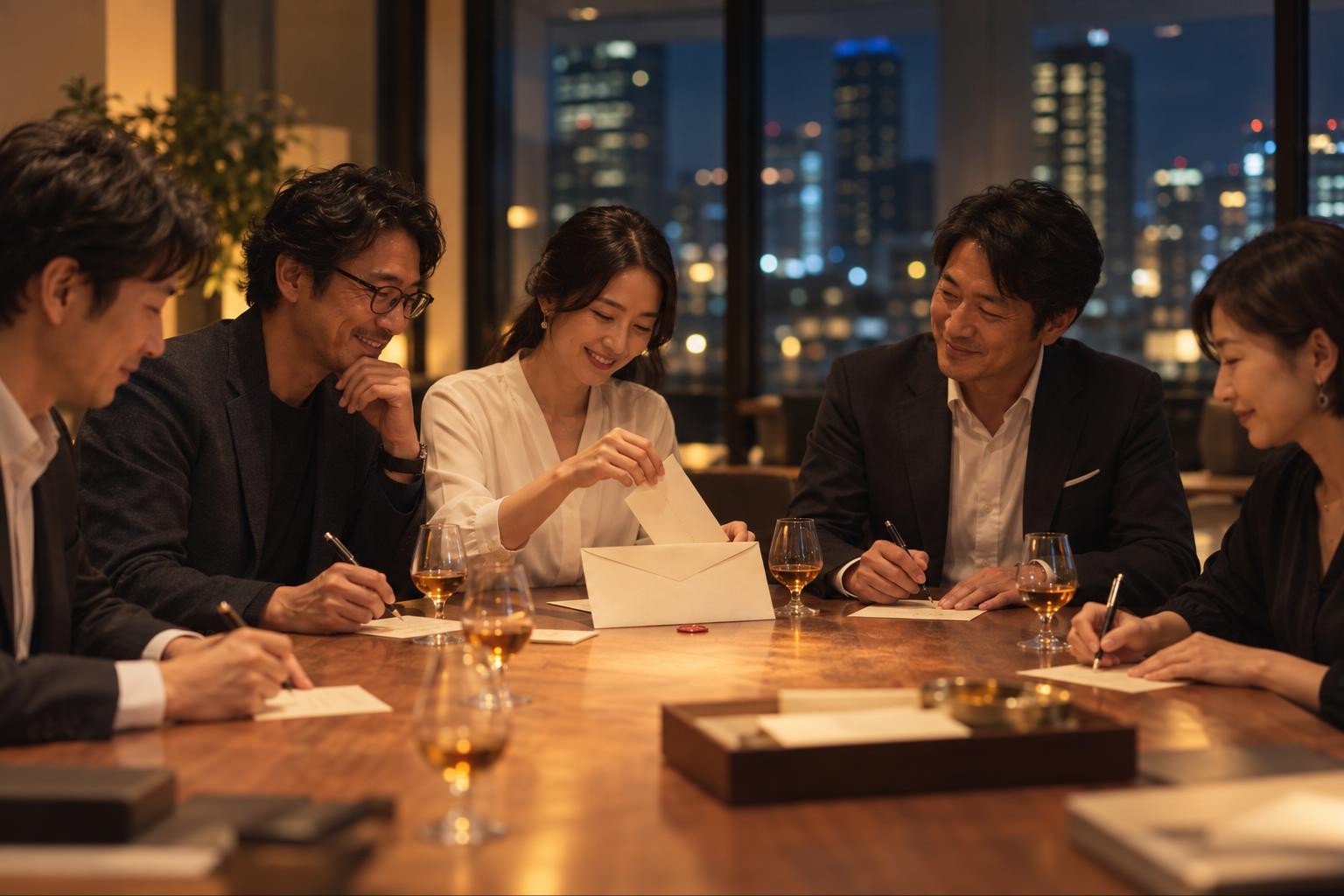 会議室で、メンバーがそれぞれカードに一言を書き、ひとつの封筒に集めている